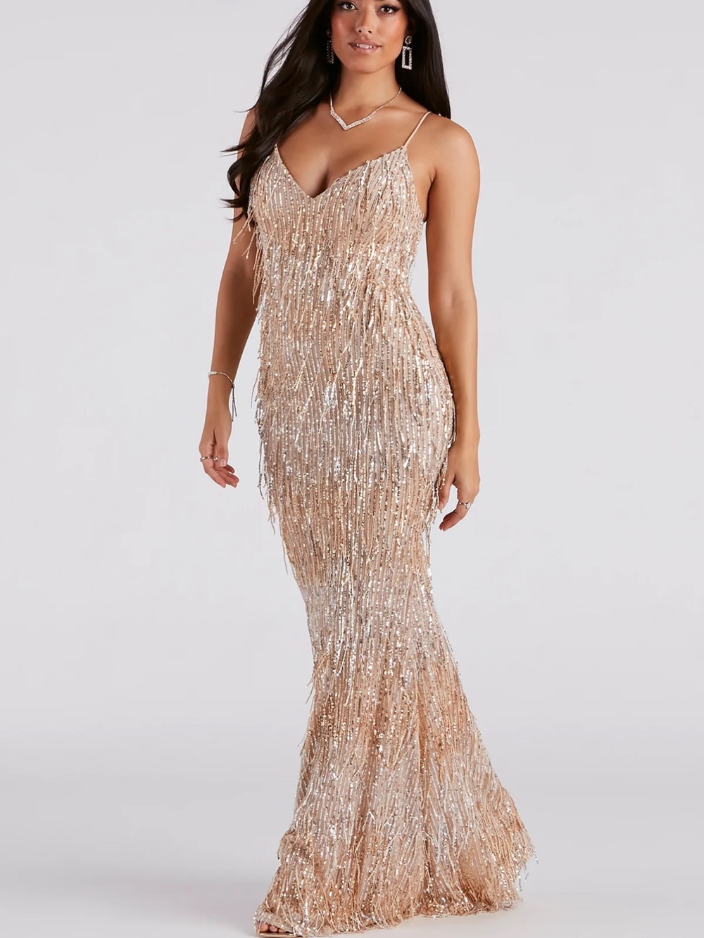 Rebekah Formal Sequin Fringe Mermaid Dress - Picture 3 of 8